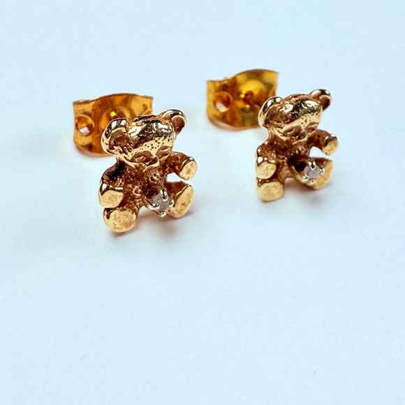 14K Solid Yellow Gold Genuine Diamond Solitaire Teddy Bear Stud Earrings - Picture 2 of 9